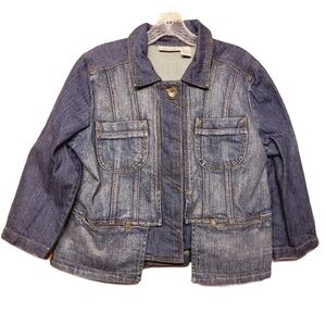 DKNY | Women's Vintage Full Zipper Dark Denim Cropped Jacket (Size Large)